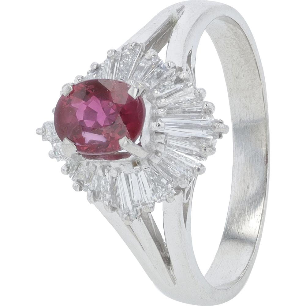 Platinum Ruby and Diamond Halo Ring - 0.646 Carats Ruby, 0.54 Carats Total Diamond Weight
