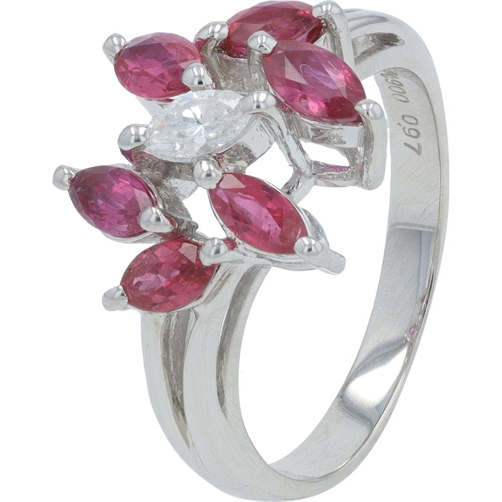 Platinum Ruby Ring with Marquise Cut Rubies and Diamond Accent - 0.97 Carat Ruby, 0.11 Carat Diamond Total Weight