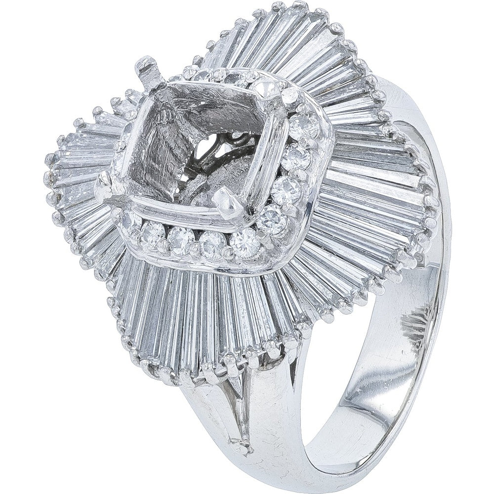 Platinum Semi-Mount Ring with Baguette and Round Diamond Starburst Halo - 1.37 Carat Total Accent Diamond Weight