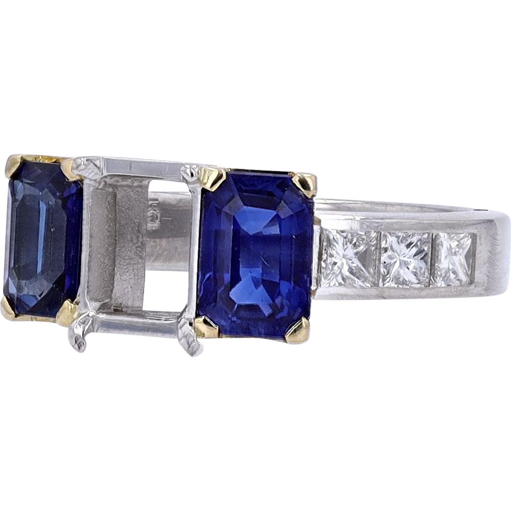 Platinum Semi-Mount Ring with Emerald-Cut Sapphires and Princess-Cut Diamond Accents - 1.75 Carat Total Sapphire Weight, 0.55 Carat Total Diamond Weight