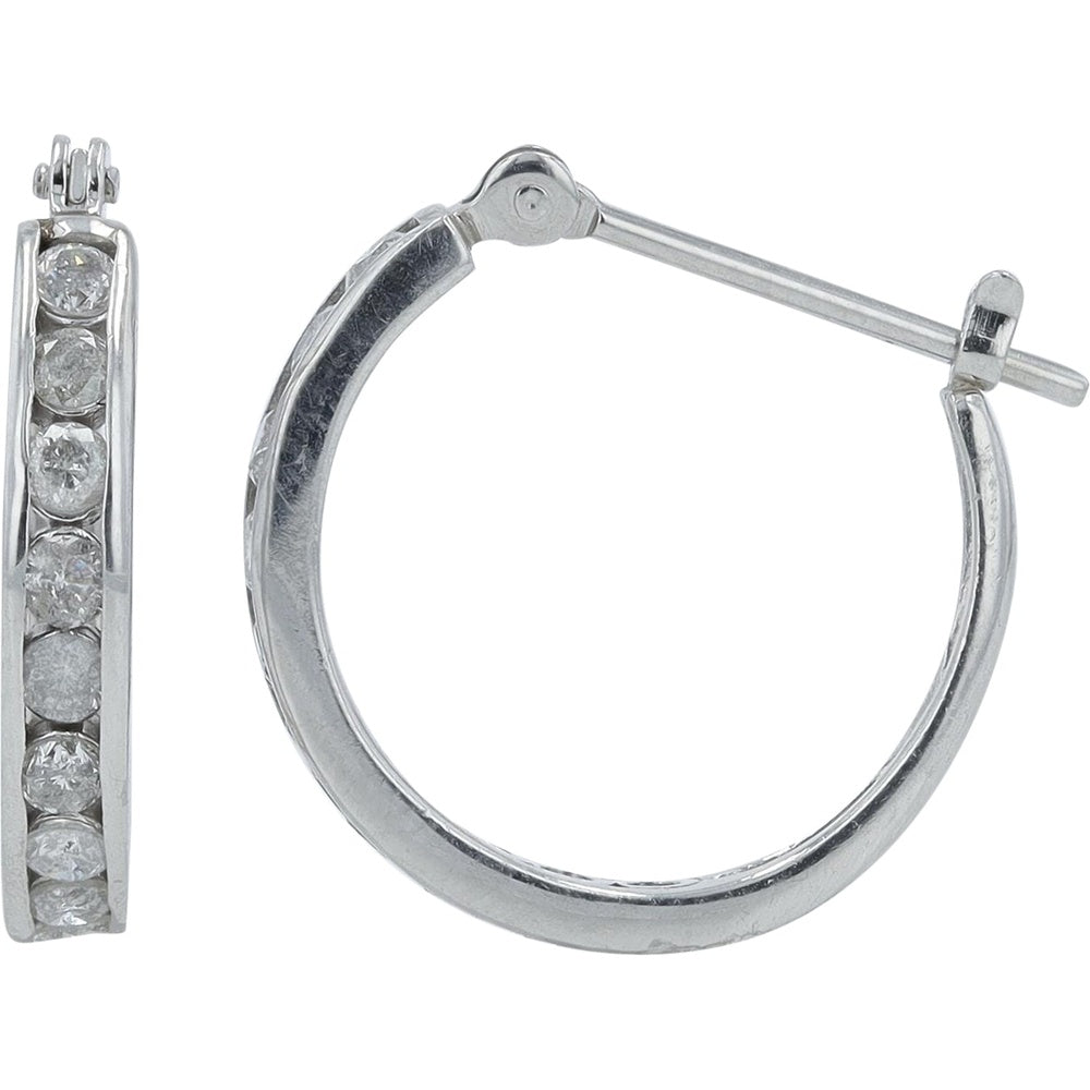 Platinum Small Hoop Earrings with Channel Set Round Diamonds - 0.50 Carat Total Diamond Weight