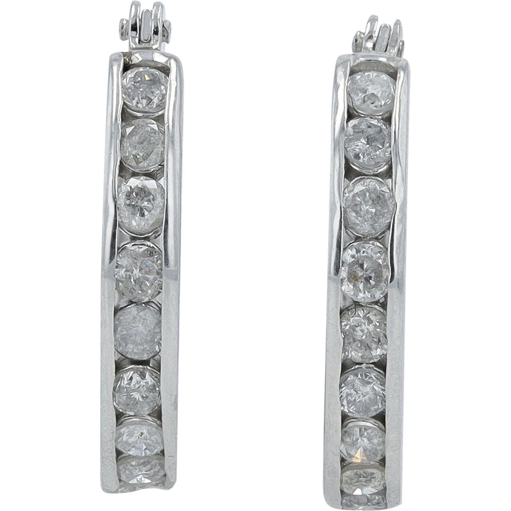Platinum Small Hoop Earrings with Channel Set Round Diamonds - 0.50 Carat Total Diamond Weight