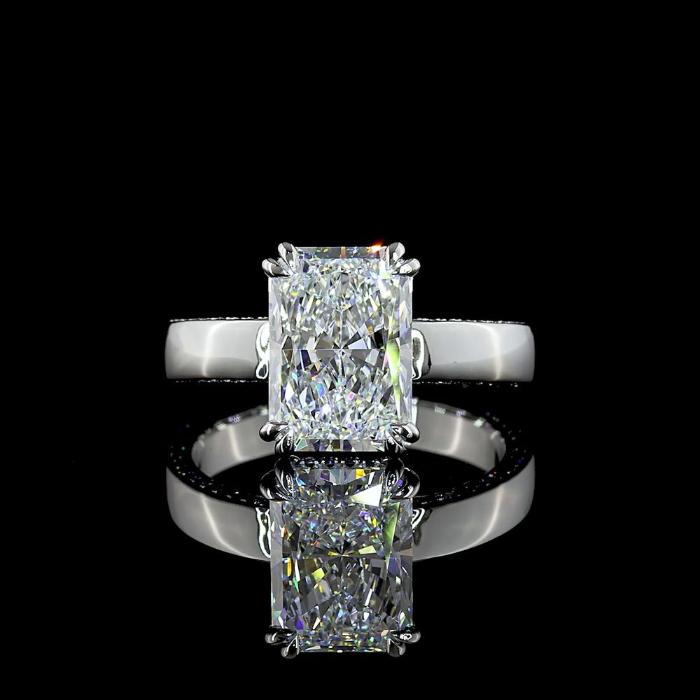 Platinum Solitaire Shank Ring with 3.52 Carat Radiant Cut Lab Diamond E VVS2 and 0.38 Carat Brilliant Cut F VS2 Accent Diamonds - 3.9 Carat Total Diamond Weight - Covaloro Fine Jewelry