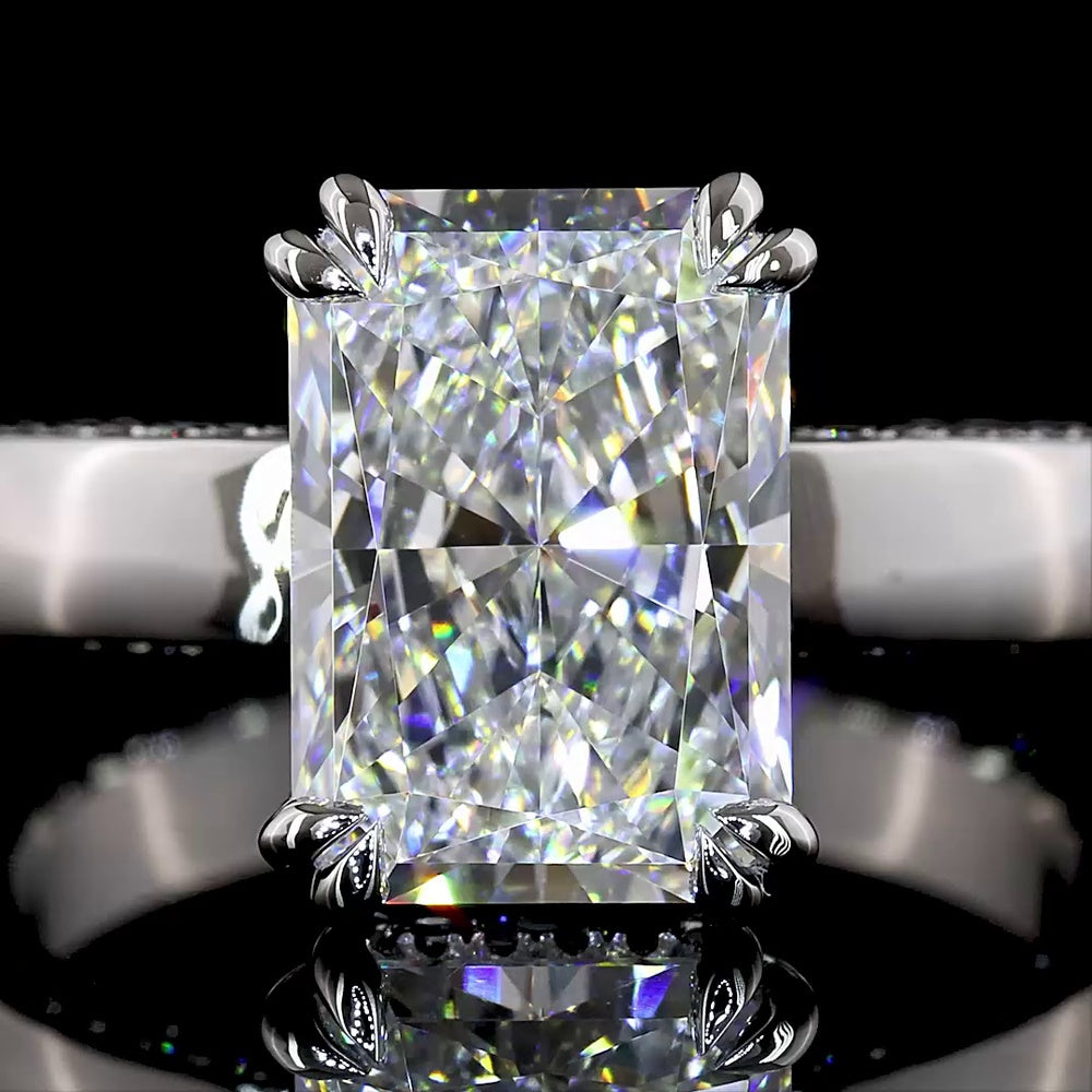 Platinum Solitaire Shank Ring with 3.52 Carat Radiant Cut Lab Diamond E VVS2 and 0.38 Carat Brilliant Cut F VS2 Accent Diamonds - 3.9 Carat Total Diamond Weight - Covaloro Fine Jewelry