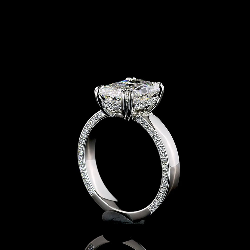 Platinum Solitaire Shank Ring with 3.52 Carat Radiant Cut Lab Diamond E VVS2 and 0.38 Carat Brilliant Cut F VS2 Accent Diamonds - 3.9 Carat Total Diamond Weight - Covaloro Fine Jewelry