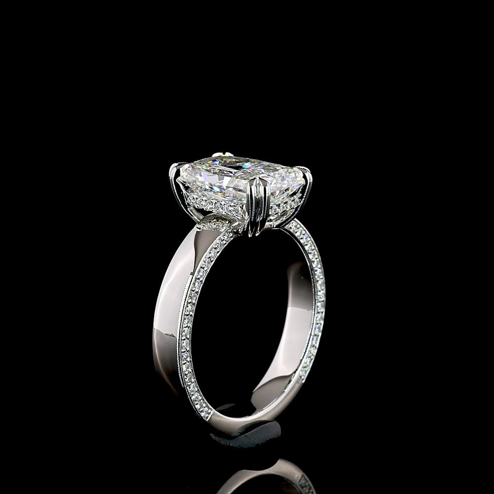 Platinum Solitaire Shank Ring with 3.52 Carat Radiant Cut Lab Diamond E VVS2 and 0.38 Carat Brilliant Cut F VS2 Accent Diamonds - 3.9 Carat Total Diamond Weight - Covaloro Fine Jewelry