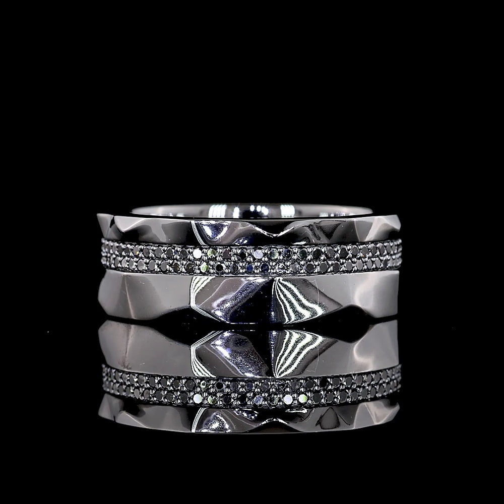 Platinum Special Eternity Band with 128 Faceted Sides and Black Rhodium Prong Set Round Lab-Grown Black VS2 Diamonds - 0.65 Carat Total Weight - Covaloro Fine Jewelry