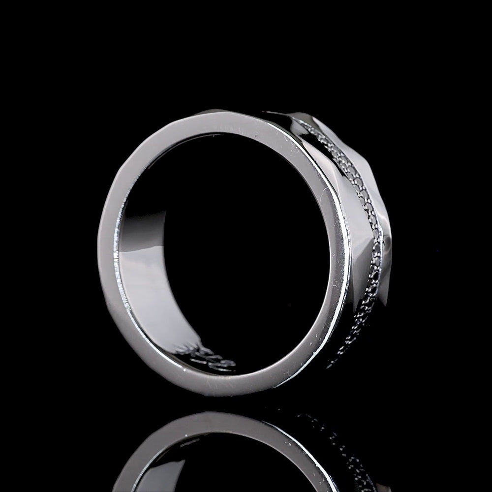 Platinum Special Eternity Band with 128 Faceted Sides and Black Rhodium Prong Set Round Lab-Grown Black VS2 Diamonds - 0.65 Carat Total Weight - Covaloro Fine Jewelry