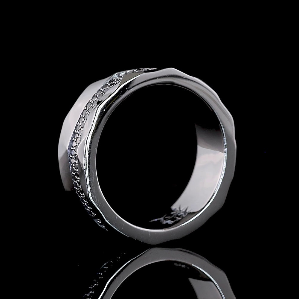 Platinum Special Eternity Band with 128 Faceted Sides and Black Rhodium Prong Set Round Lab-Grown Black VS2 Diamonds - 0.65 Carat Total Weight - Covaloro Fine Jewelry
