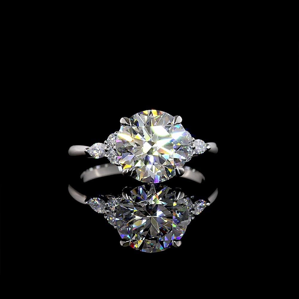 Platinum Special Ring with 3.31 Carat Round Brilliant Lab Diamond and Marquise & Round Diamond Accents - 3.55 Carat Total Diamond Weight - Covaloro Fine Jewelry