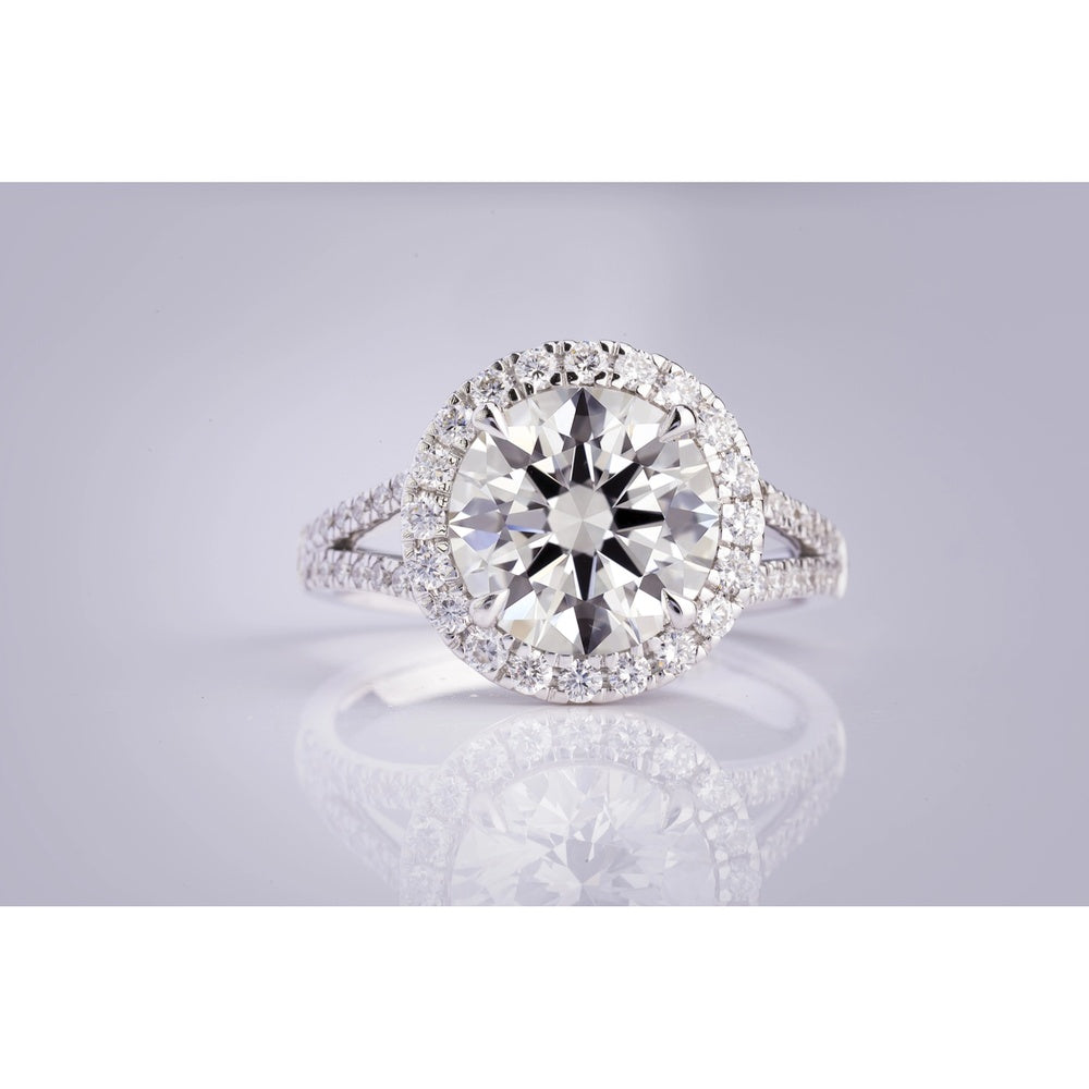 Platinum Split Shank Halo Ring with 2.11 Carat D VVS2 Round Lab Diamond and 52 Accent Lab Diamonds - 2.63 Carat Total Diamond Weight - Covaloro Fine Jewelry