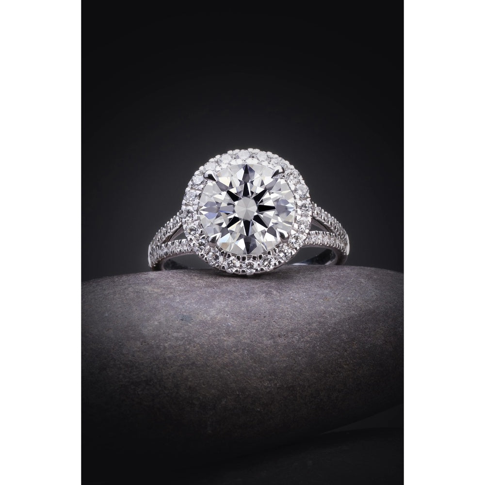 Platinum Split Shank Halo Ring with 2.11 Carat D VVS2 Round Lab Diamond and 52 Accent Lab Diamonds - 2.63 Carat Total Diamond Weight - Covaloro Fine Jewelry