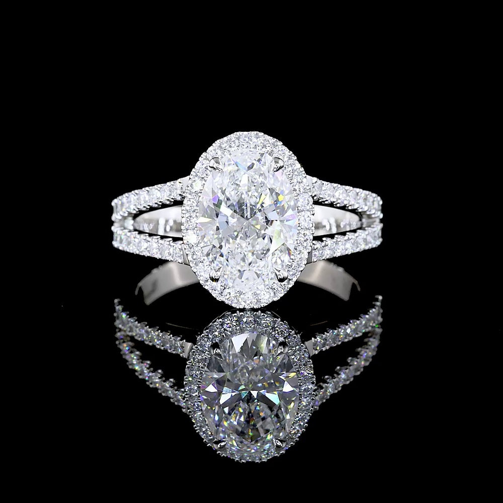 Platinum Split Shank Oval Diamond Halo Ring with 2.05 Carat Center Stone and 2.57 Total Carat Weight Lab Diamonds - Covaloro Fine Jewelry