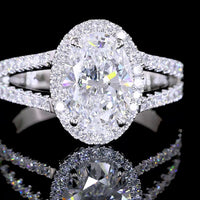 Platinum Split Shank Oval Diamond Halo Ring with 2.05 Carat Center Stone and 2.57 Total Carat Weight Lab Diamonds - Covaloro Fine Jewelry