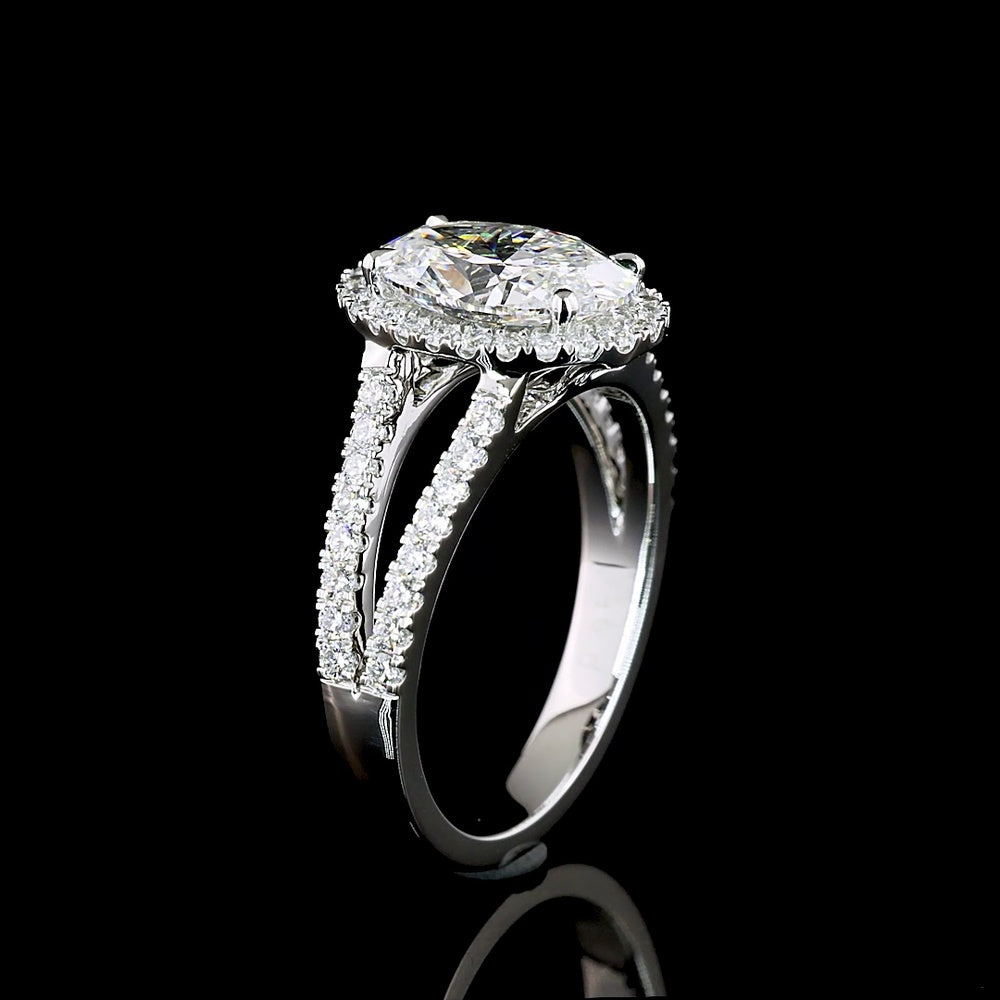 Platinum Split Shank Oval Diamond Halo Ring with 2.05 Carat Center Stone and 2.57 Total Carat Weight Lab Diamonds - Covaloro Fine Jewelry