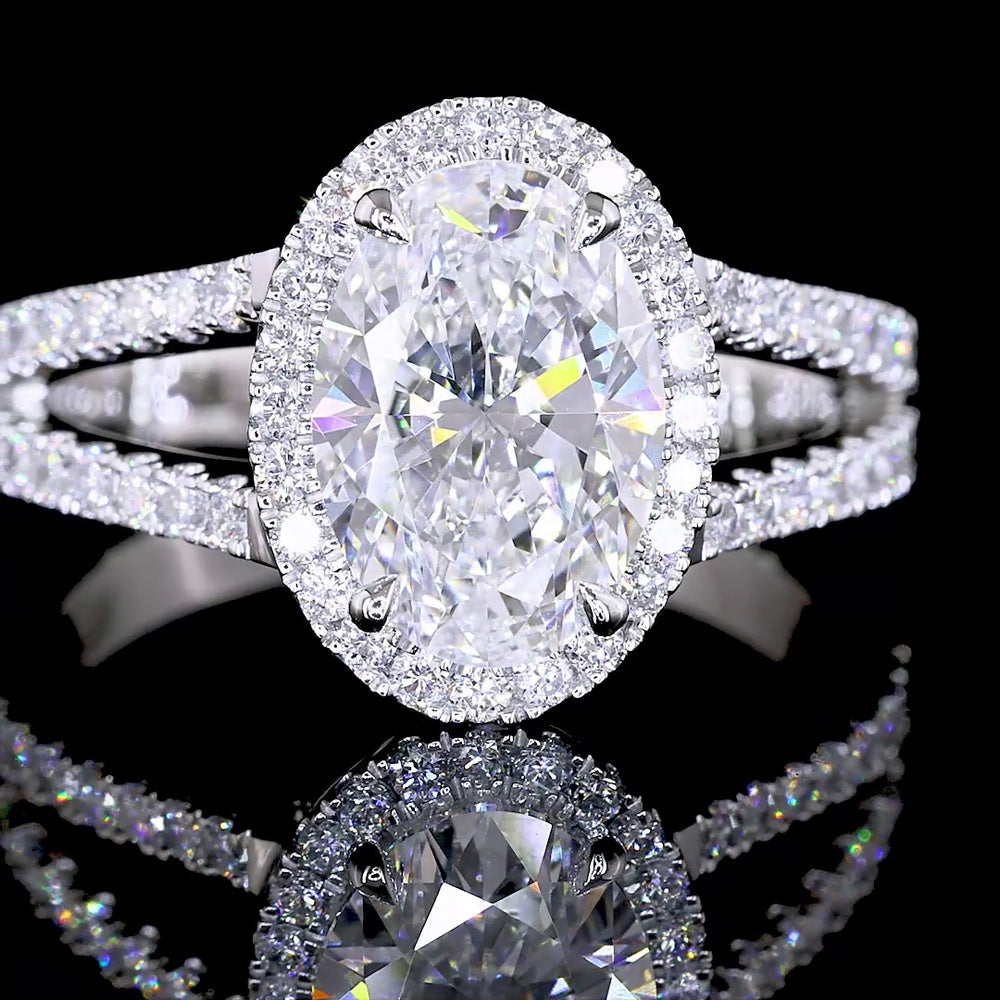 Platinum Split Shank Ring with 2.00 Carat Oval Lab Diamond Halo and 0.52 Carat Brilliant Cut Diamonds - 2.52 Carat Total Diamond Weight - Covaloro Fine Jewelry