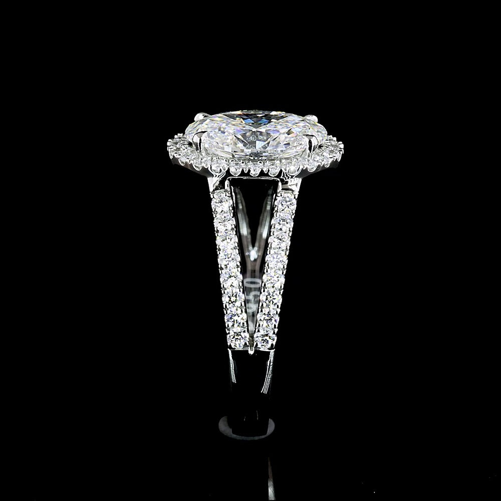 Platinum Split Shank Ring with 2.00 Carat Oval Lab Diamond Halo and 0.52 Carat Brilliant Cut Diamonds - 2.52 Carat Total Diamond Weight - Covaloro Fine Jewelry