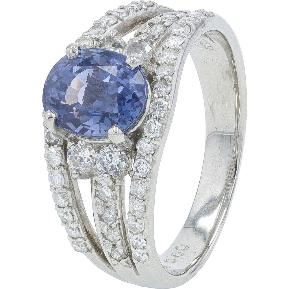 Platinum Split Shank Ring with 2.11 Carat Oval Sapphire and 0.60 Carat Round Diamond Accents