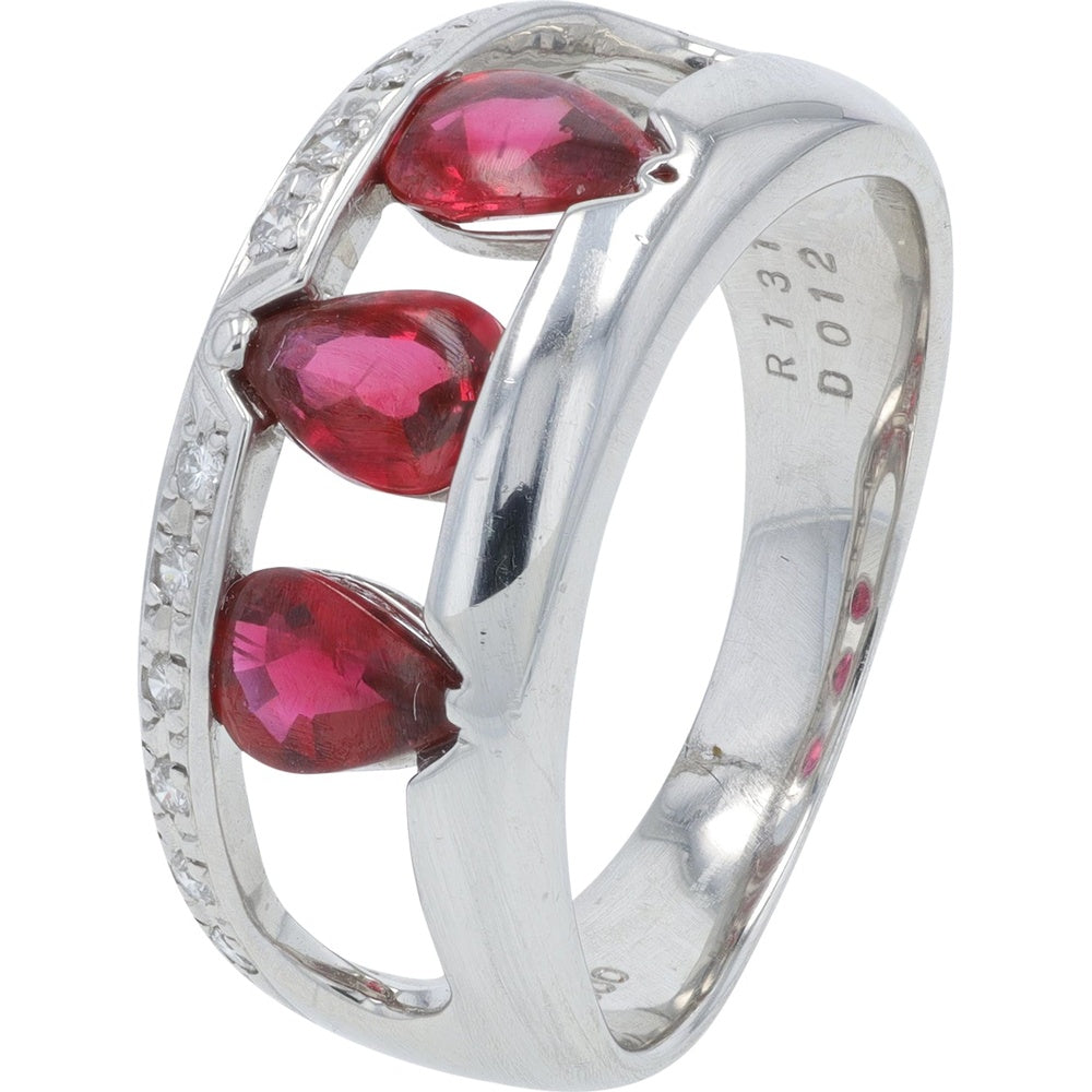 Platinum Split-Shank Ring with Pear-Shaped Rubies and Pavé Diamond Accents - 1.31 Carat Total Ruby Weight and 0.12 Carat Total Diamond Weight