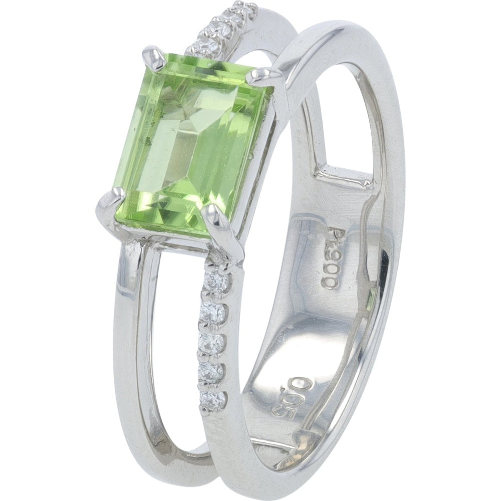 Platinum Split-Shank Ring with Rectangular Peridot and Pavé Diamond Accents - 0.05 Carat Total Diamond Weight