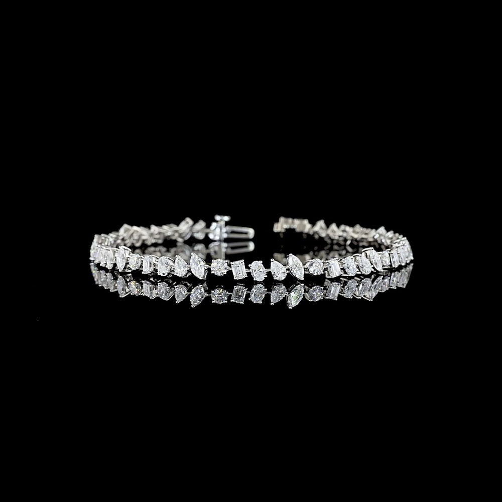 Platinum Station Bracelet with Mixed Cut Lab Diamonds (Round, Marquise, Emerald, Oval) - 5.10 Carats Total Diamond Weight, E-F VS Clarity, Prong Set - Covaloro Fine Jewelry