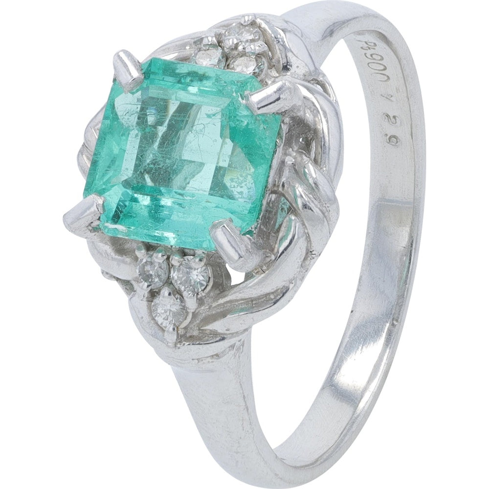 Platinum Step-Cut Emerald Ring with Diamond Accents - 1.29 Carat Total Emerald Weight and 0.07 Carat Total Diamond Weight