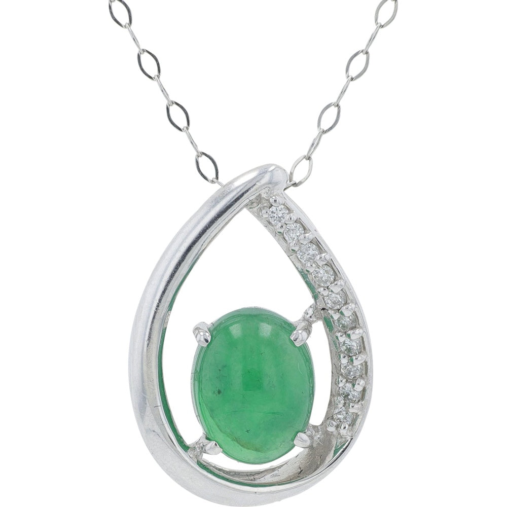Platinum Teardrop Pendant with Oval Cabochon Jade and Pavé Diamond Accents - 2.338 Carat Jade and 0.09 Carat Diamond Total Weight