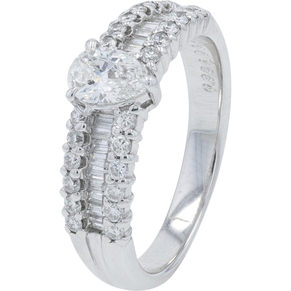 Platinum Three-Row Ring with Round Brilliant Center and Baguette Diamond Shoulders - 1.20 Carat Total Diamond Weight
