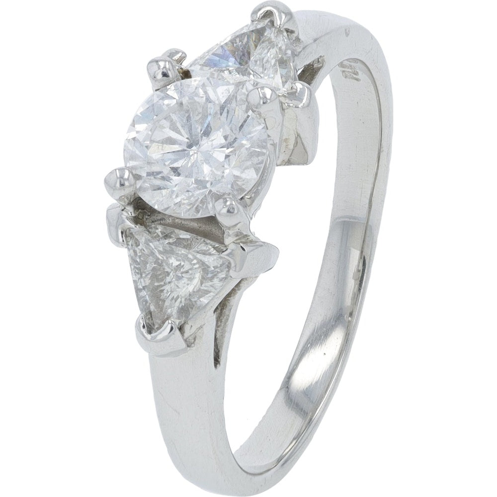 Platinum Three-Stone Engagement Ring with Round Brilliant Center and Pear and Trillion Cut Side Diamonds - 1.10 Carat Total Diamond Weight