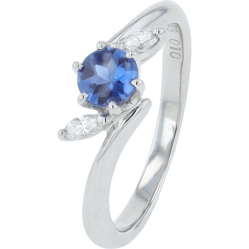 Platinum Three-Stone Ring with 0.48 Carat Round Sapphire and Marquise-Cut Diamonds - 0.10 Carat Total Diamond Weight