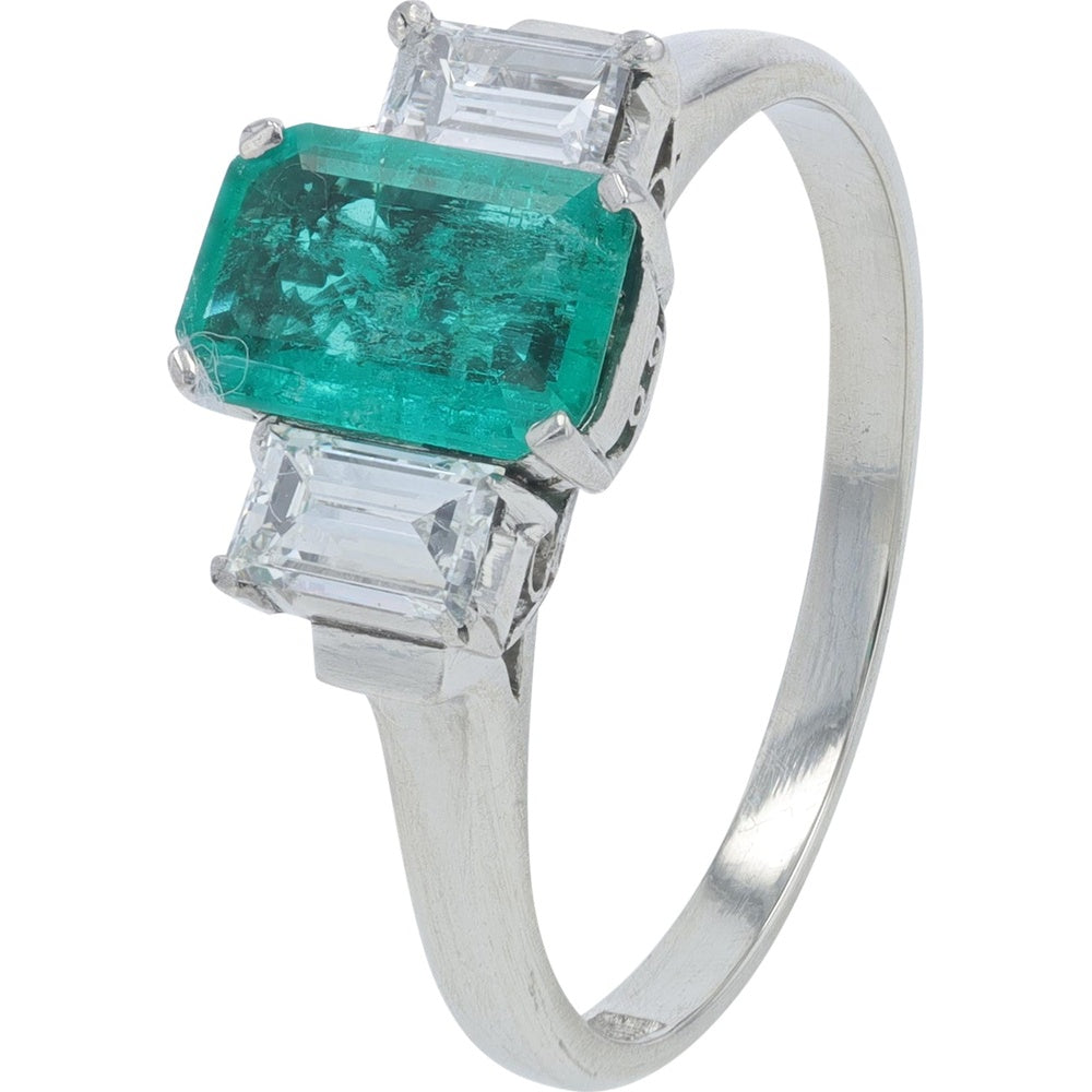 Platinum Three-Stone Ring with 0.78 Carat Emerald and 0.42 Carat Baguette Diamonds - Size 5.75