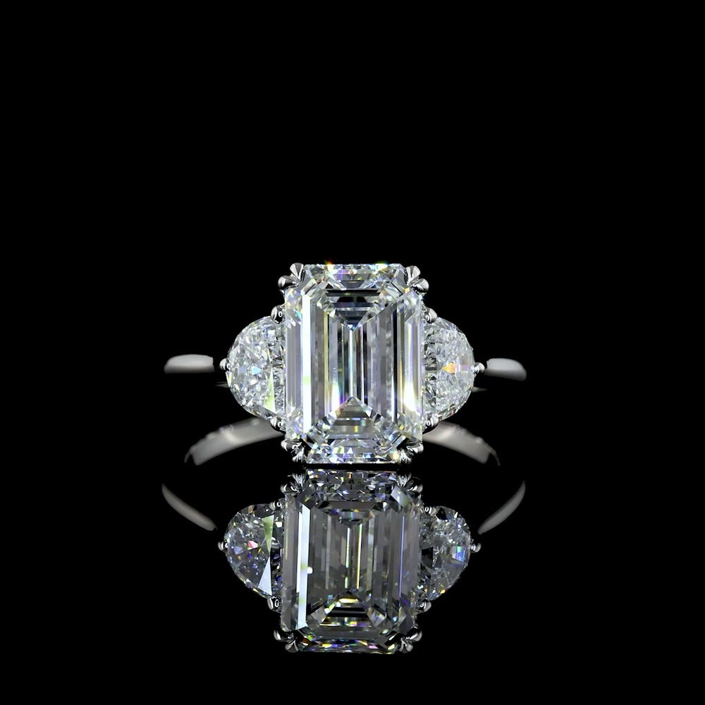 Platinum Three Stone Ring with 3.04 Carat Emerald Cut Lab Diamond and Half Moon Side Stones - 3.63 Total Carat Weight - Covaloro Fine Jewelry