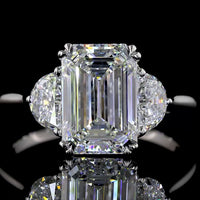 Platinum Three Stone Ring with 3.04 Carat Emerald Cut Lab Diamond and Half Moon Side Stones - 3.63 Total Carat Weight - Covaloro Fine Jewelry