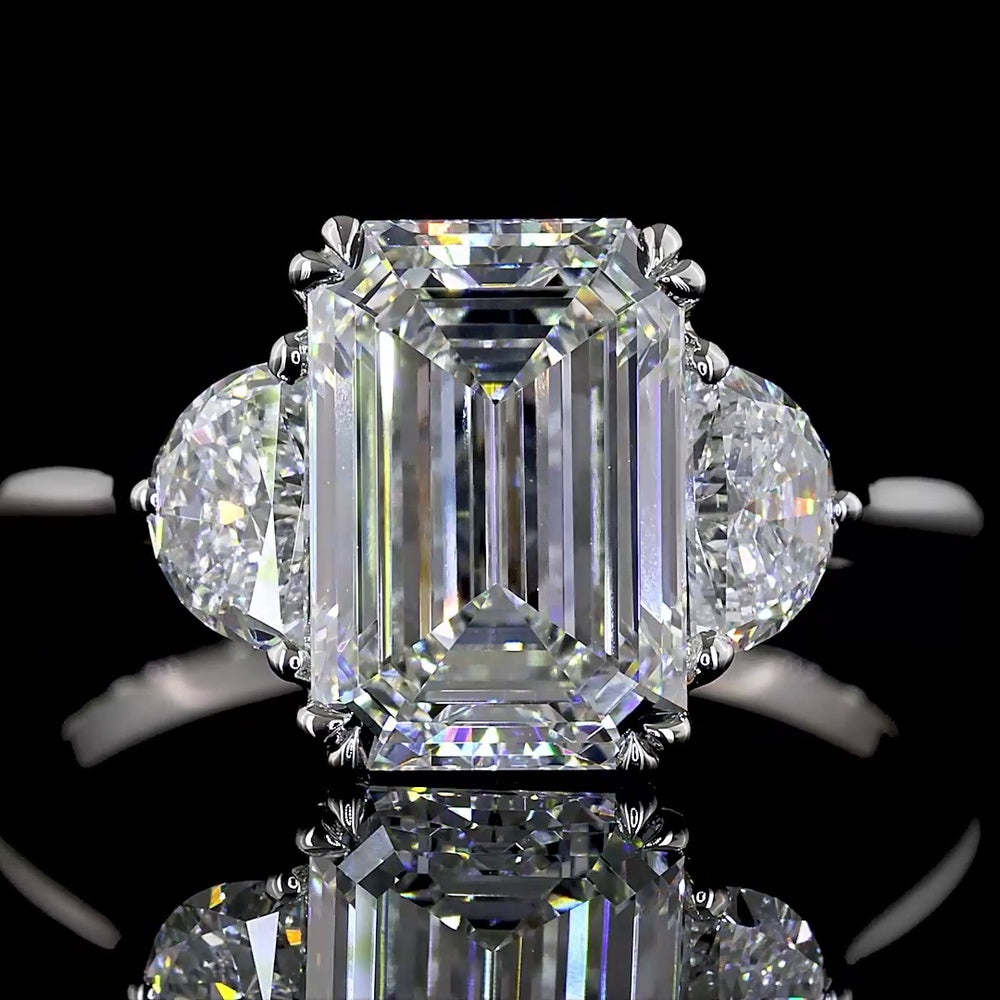 Platinum Three Stone Ring with 3.04 Carat Emerald Cut Lab Diamond and Half Moon Side Stones - 3.63 Total Carat Weight - Covaloro Fine Jewelry