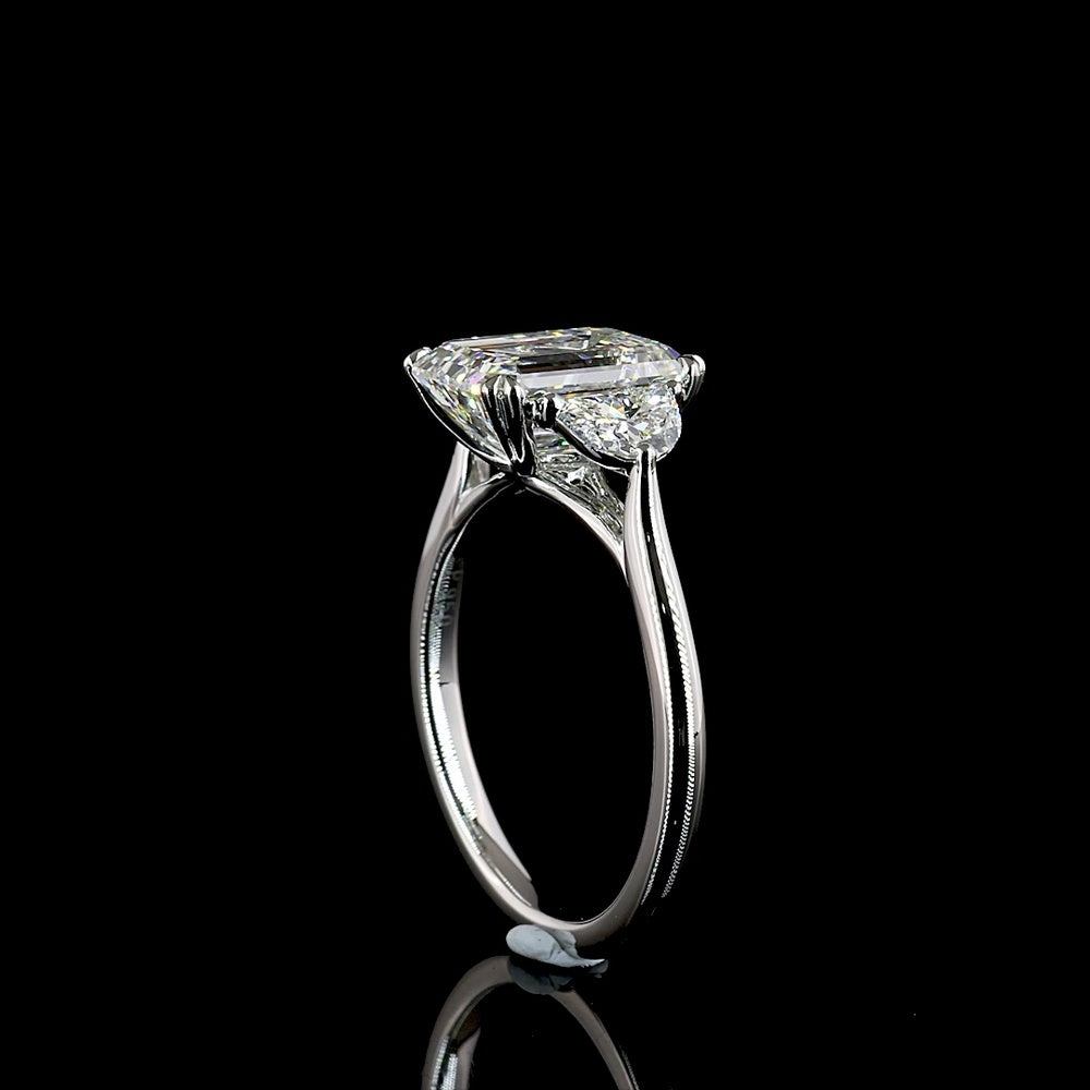 Platinum Three Stone Ring with 3.04 Carat Emerald Cut Lab Diamond and Half Moon Side Stones - 3.63 Total Carat Weight - Covaloro Fine Jewelry