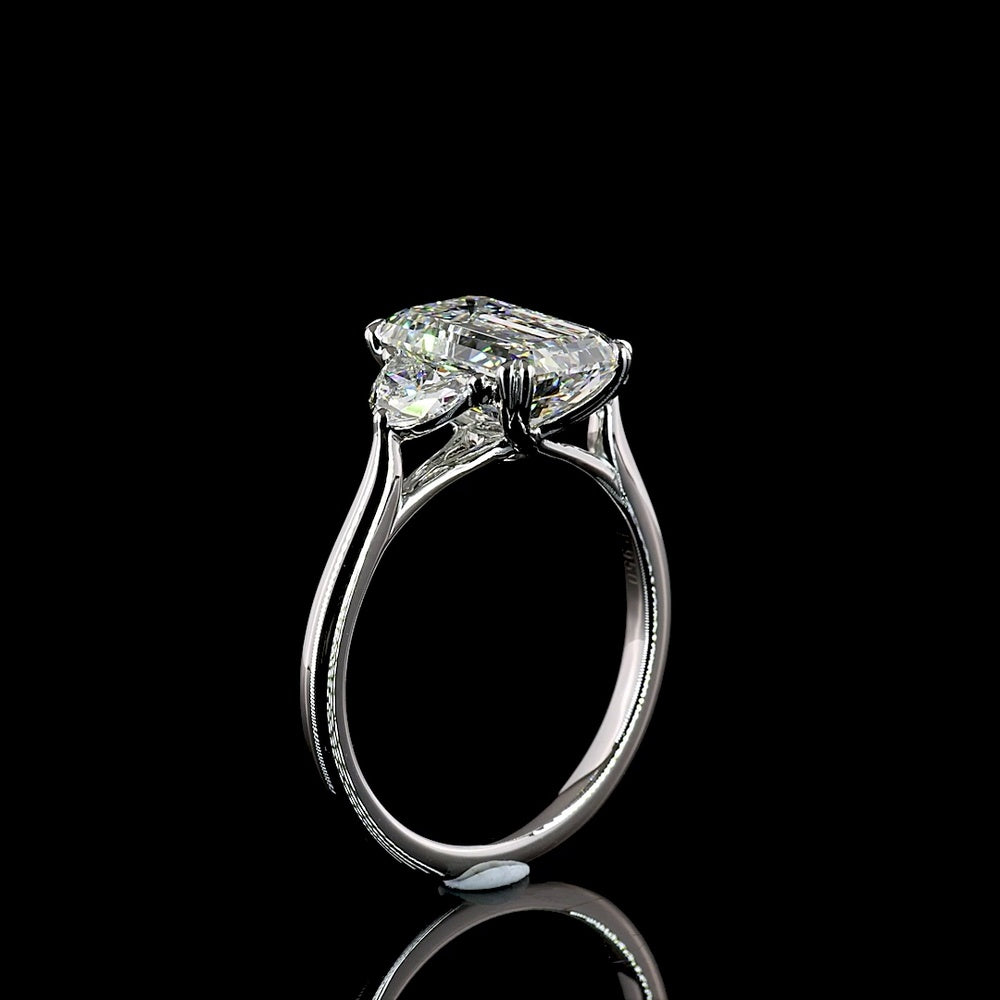 Platinum Three Stone Ring with 3.04 Carat Emerald Cut Lab Diamond and Half Moon Side Stones - 3.63 Total Carat Weight - Covaloro Fine Jewelry