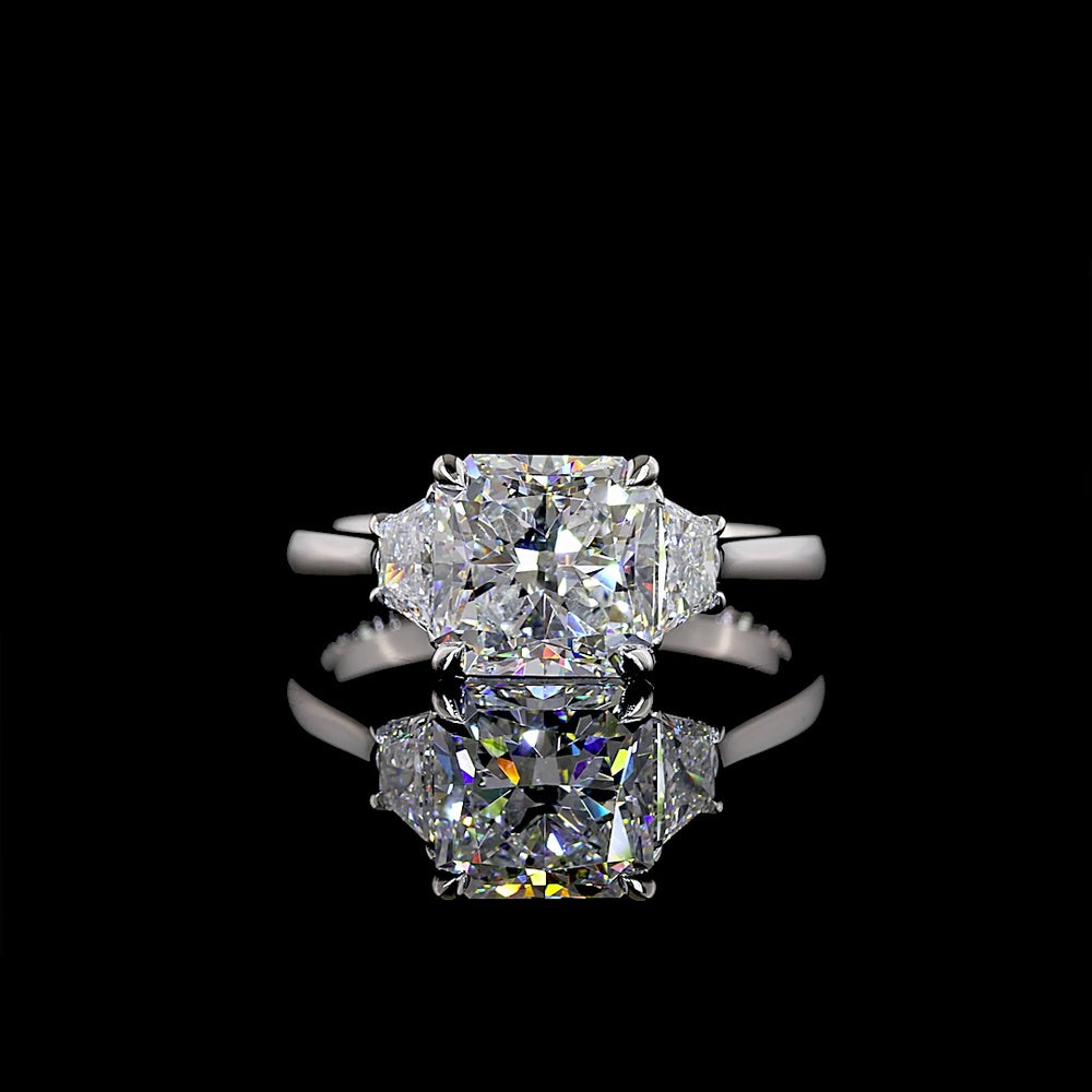 Platinum Three-Stone Ring with 3.07 Carat Square Radiant Lab Diamond and 0.67 Carat Trapezoid Side Stones - 3.74 Carat Total Diamond Weight - Covaloro Fine Jewelry