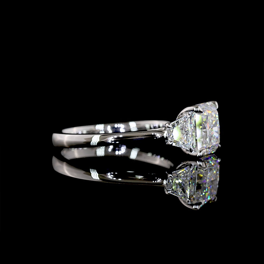 Platinum Three-Stone Ring with 3.07 Carat Square Radiant Lab Diamond and 0.67 Carat Trapezoid Side Stones - 3.74 Carat Total Diamond Weight - Covaloro Fine Jewelry
