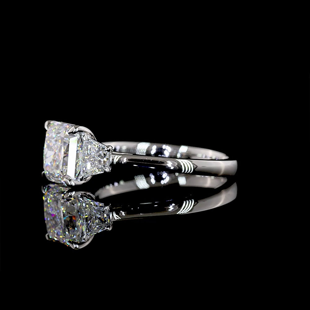 Platinum Three-Stone Ring with 3.07 Carat Square Radiant Lab Diamond and 0.67 Carat Trapezoid Side Stones - 3.74 Carat Total Diamond Weight - Covaloro Fine Jewelry