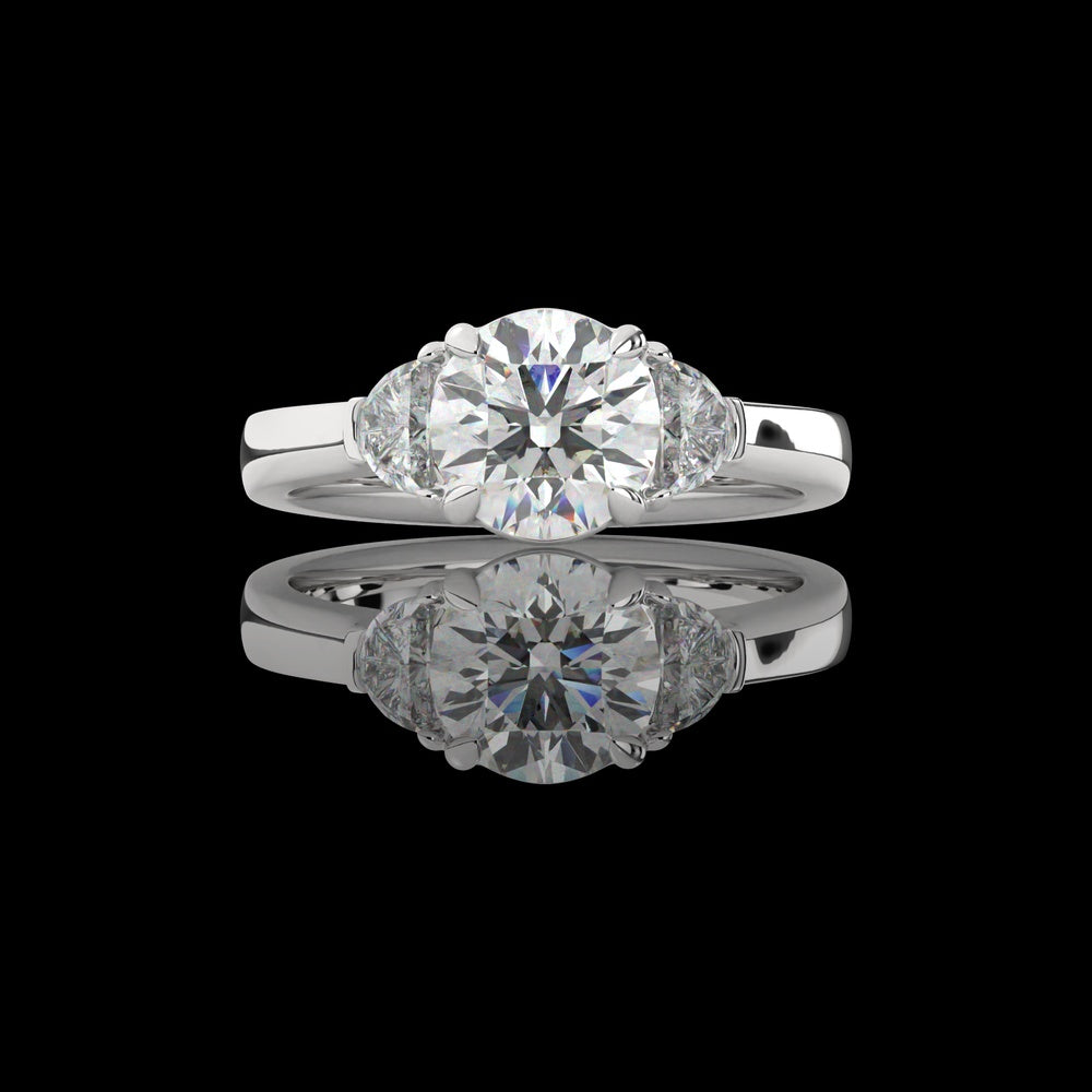 Platinum Three Stone Ring with 3.14 Carat Round Brilliant Lab Diamond and Half-Moon Side Stones - 3.86 Carat Total Weight - Covaloro Fine Jewelry