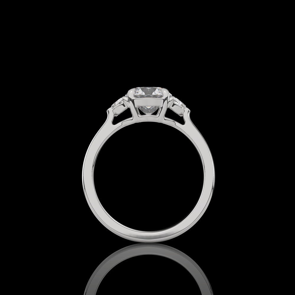 Platinum Three Stone Ring with 3.14 Carat Round Brilliant Lab Diamond and Half-Moon Side Stones - 3.86 Carat Total Weight - Covaloro Fine Jewelry