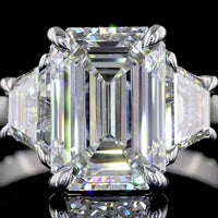 Platinum Three Stone Ring with 3.18 Carat Emerald Cut Lab Diamond and 1.07 Carat Trapezoid Cut Lab Diamonds - 4.25 Carat Total Weight - Covaloro Fine Jewelry