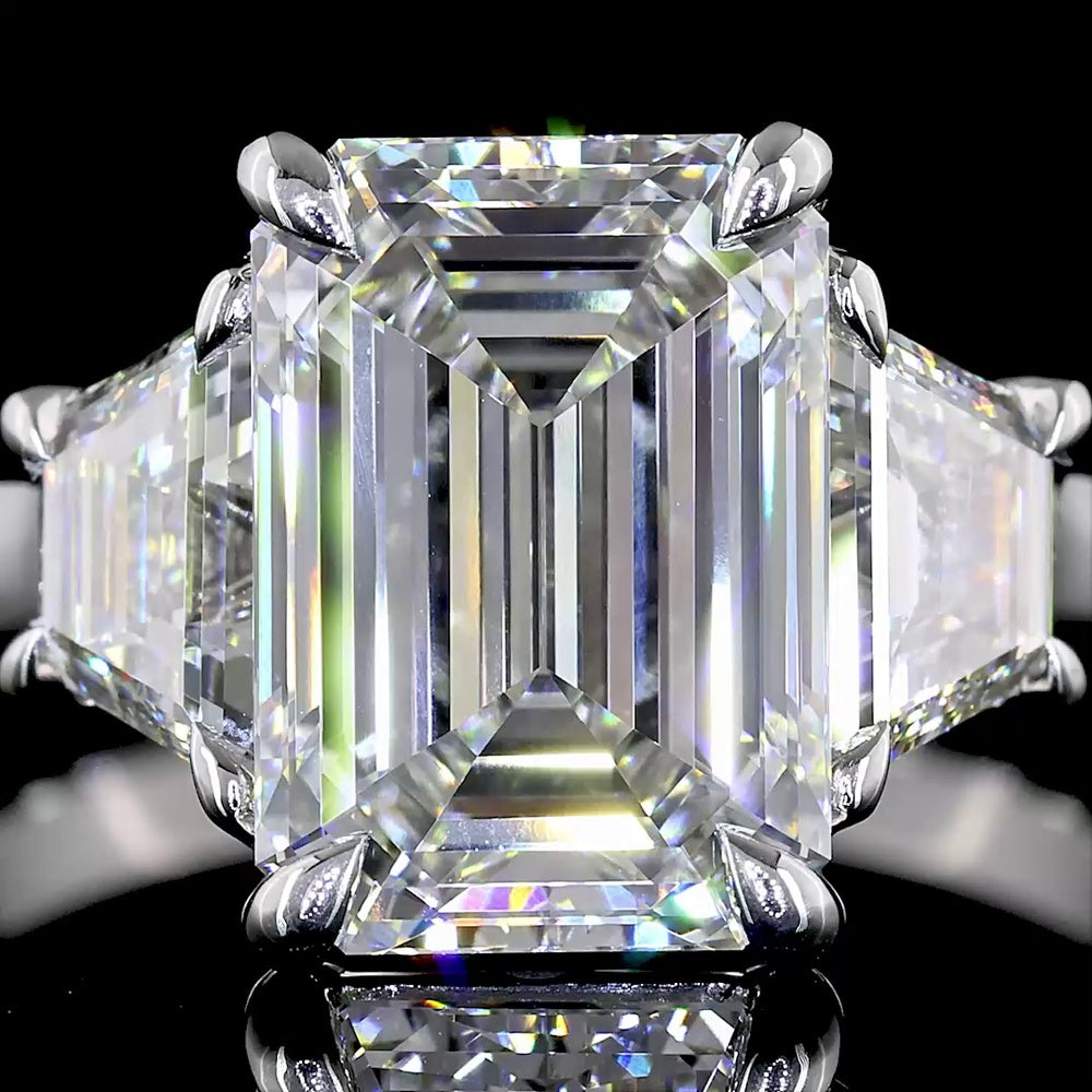 Platinum Three Stone Ring with 3.18 Carat Emerald Cut Lab Diamond and 1.07 Carat Trapezoid Cut Lab Diamonds - 4.25 Carat Total Weight - Covaloro Fine Jewelry