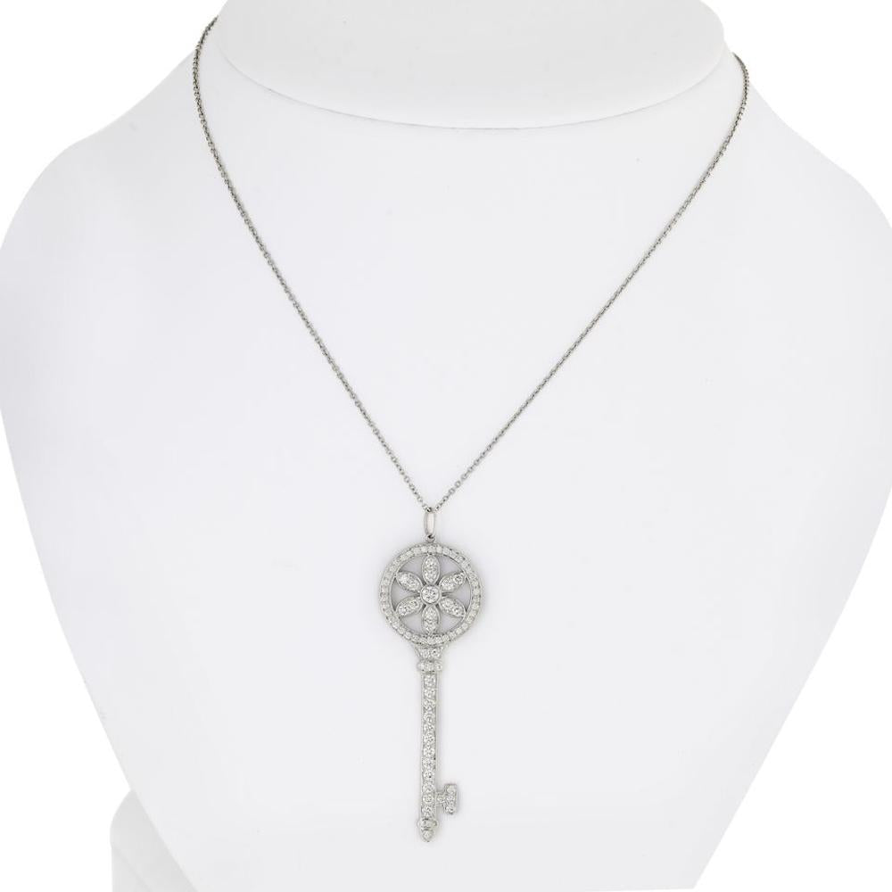 Platinum Tiffany & Co. Key Pendant Necklace with Round Brilliant Diamonds - 0.99 Carats Total Diamond Weight