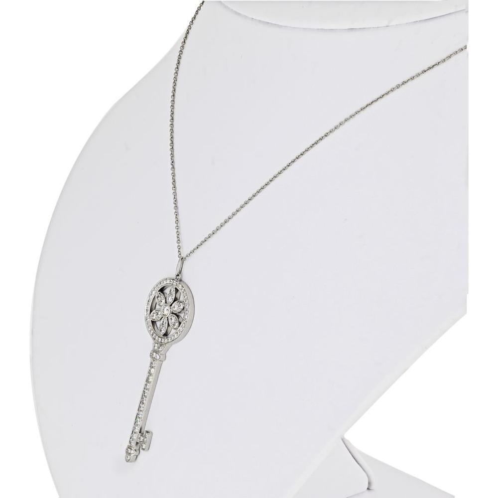 Platinum Tiffany & Co. Key Pendant Necklace with Round Brilliant Diamonds - 0.99 Carats Total Diamond Weight