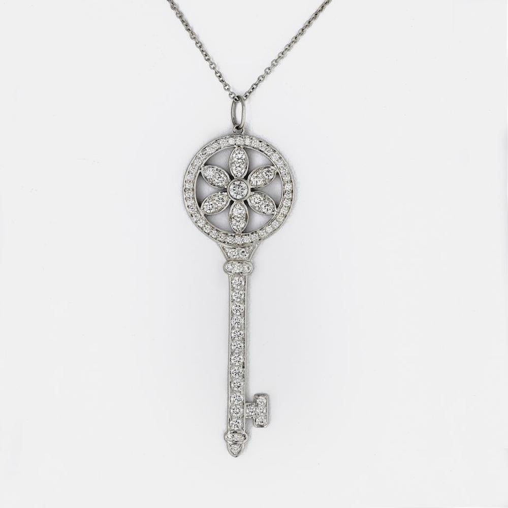 Platinum Tiffany & Co. Key Pendant Necklace with Round Brilliant Diamonds - 0.99 Carats Total Diamond Weight
