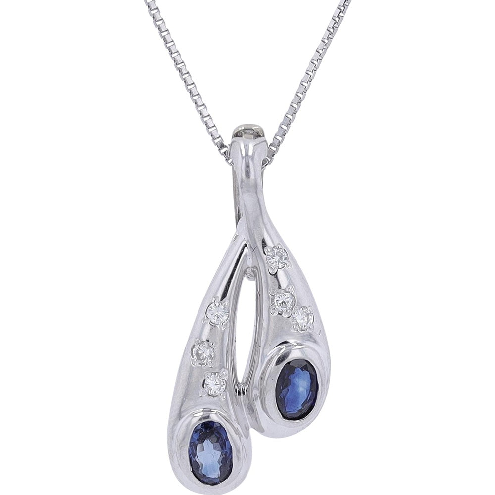 Platinum Two Stone Pendant with Oval Sapphires and Round Diamond Accents - 1.31 Carat Total Sapphire Weight and 0.13 Carat Total Diamond Weight