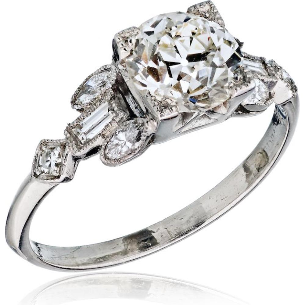 Platinum Vintage Diamond Ring with Baguette and Marquise Accents - Size 7