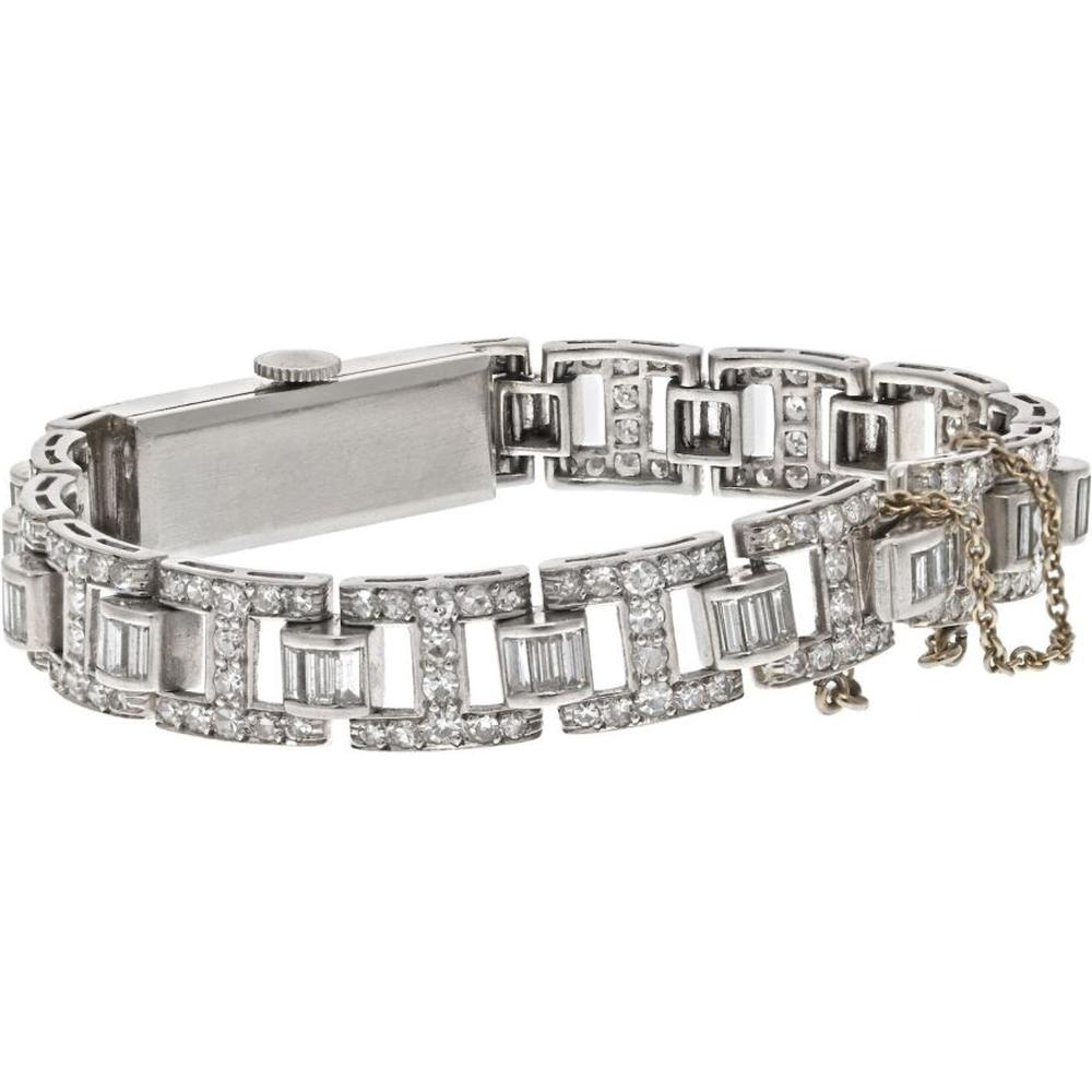 Platinum Vintage Diamond Watch with Baguette and Round Cut Diamonds - 6.0 Carats Total Diamond Weight