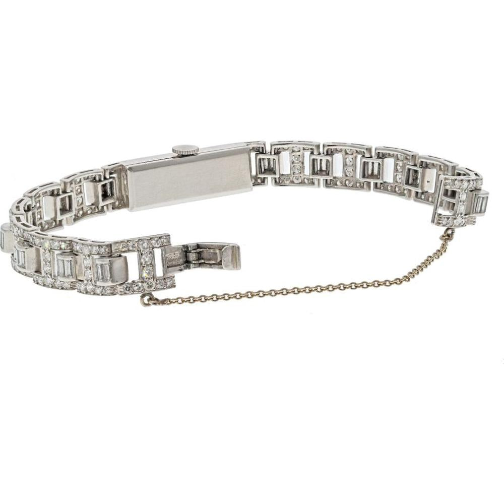 Platinum Vintage Diamond Watch with Baguette and Round Cut Diamonds - 6.0 Carats Total Diamond Weight